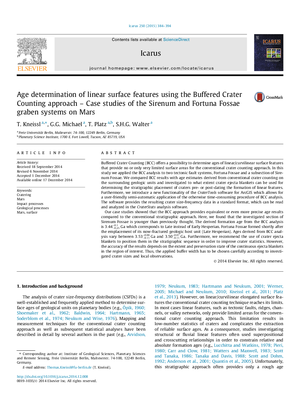 Age determination of linear surface features using the Buffered Crater Counting approach - Case studies of the Sirenum and Fortuna Fossae graben systems on Mars