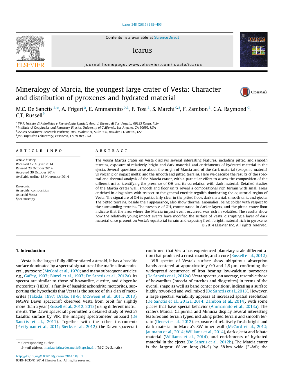 Mineralogy of Marcia, the youngest large crater of Vesta: Character and distribution of pyroxenes and hydrated material