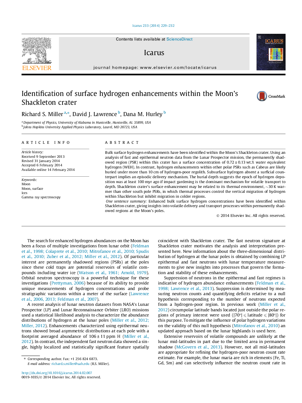 Identification of surface hydrogen enhancements within the Moon's Shackleton crater