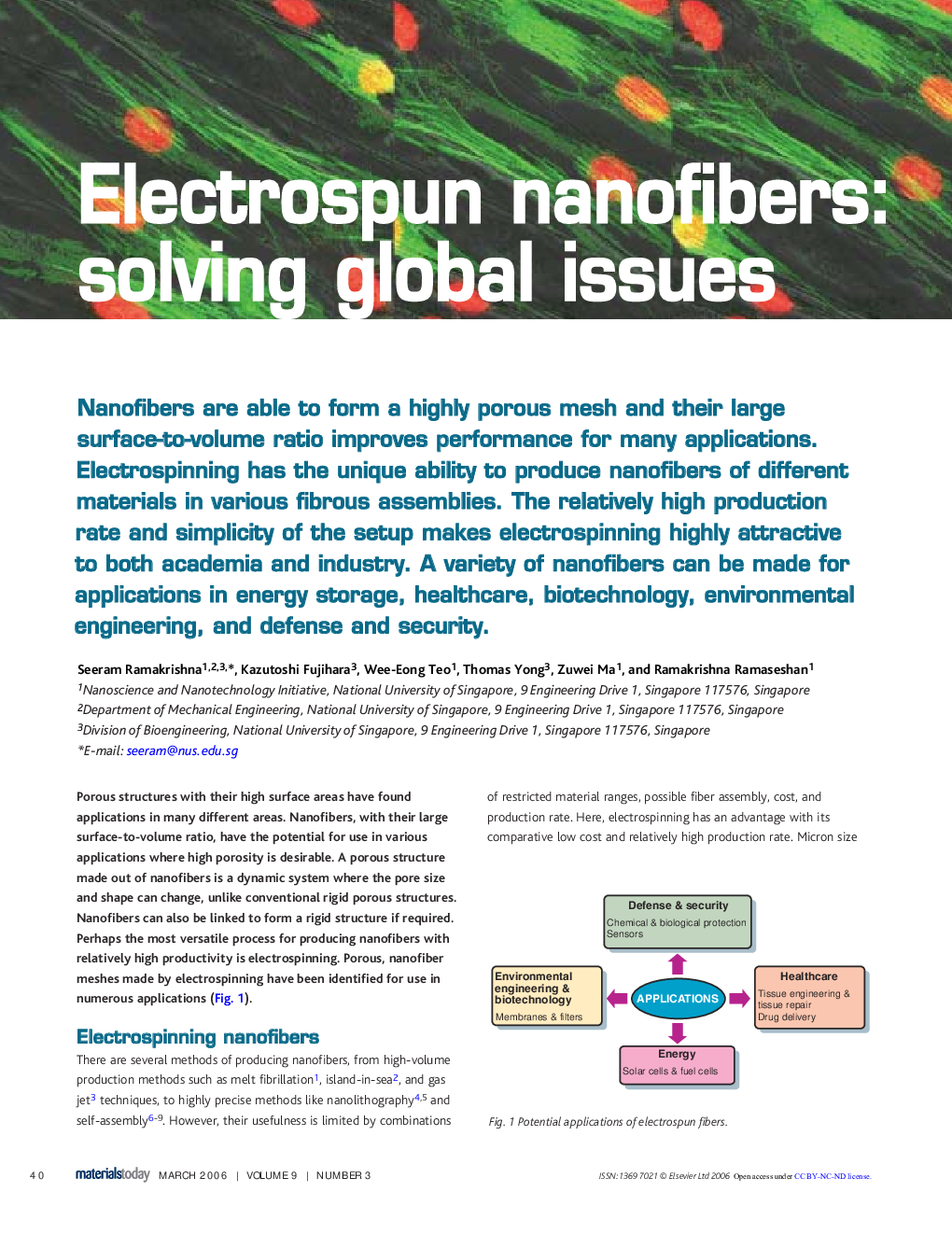 Electrospun nanofibers: solving global issues