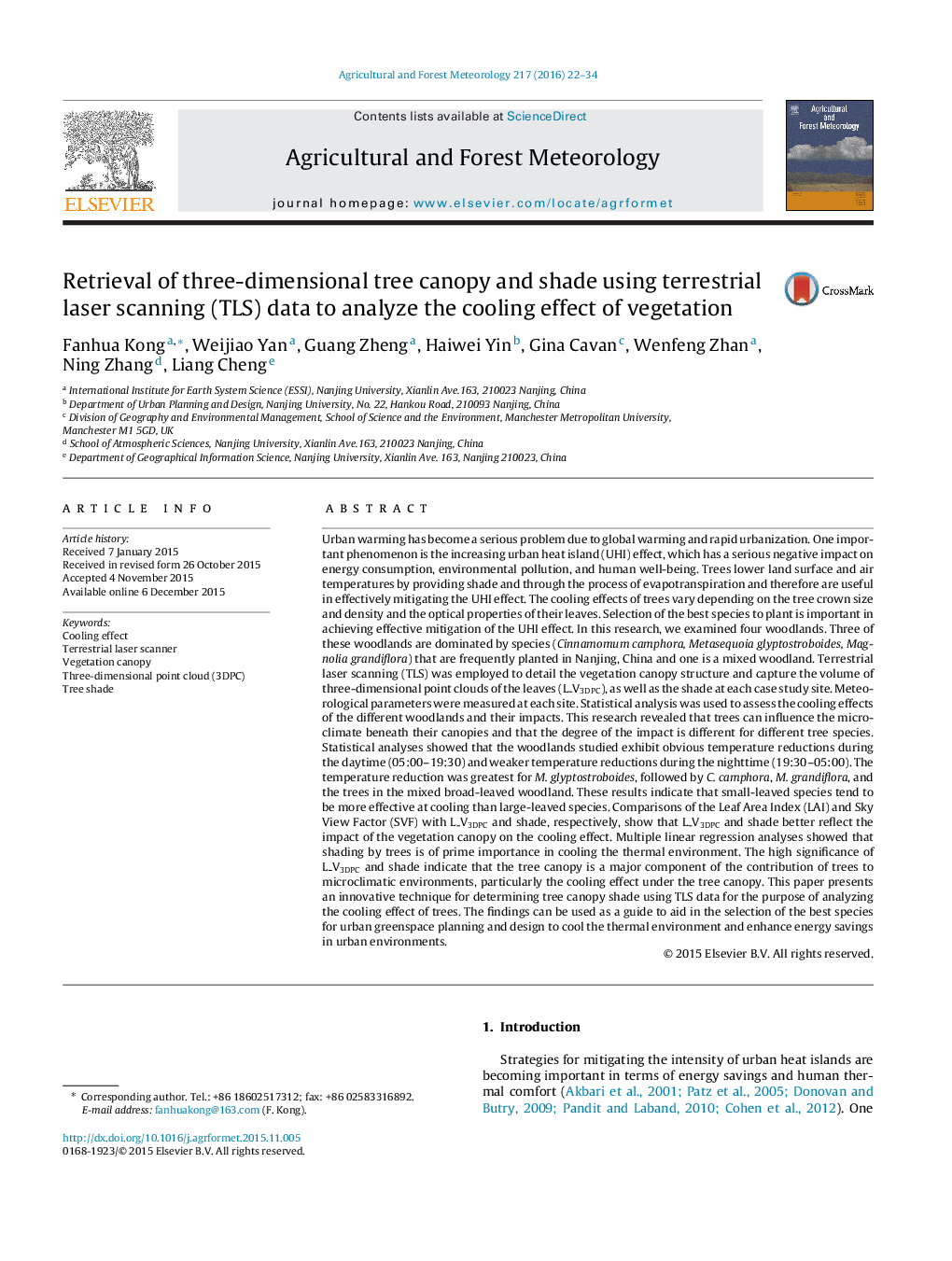 عکس صفحه اول مقاله: Retrieval of three-dimensional tree canopy and shade using terrestrial laser scanning (TLS) data to analyze the cooling effect of vegetation Retrieval of three-dimensional tree canopy and shade using terrestrial laser scanning (TLS) data to analyze the cooling effect of vegetation