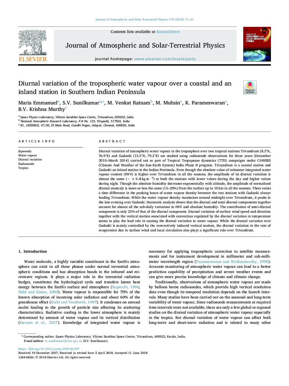 Diurnal variation of the tropospheric water vapour over a coastal and an inland station in Southern Indian Peninsula