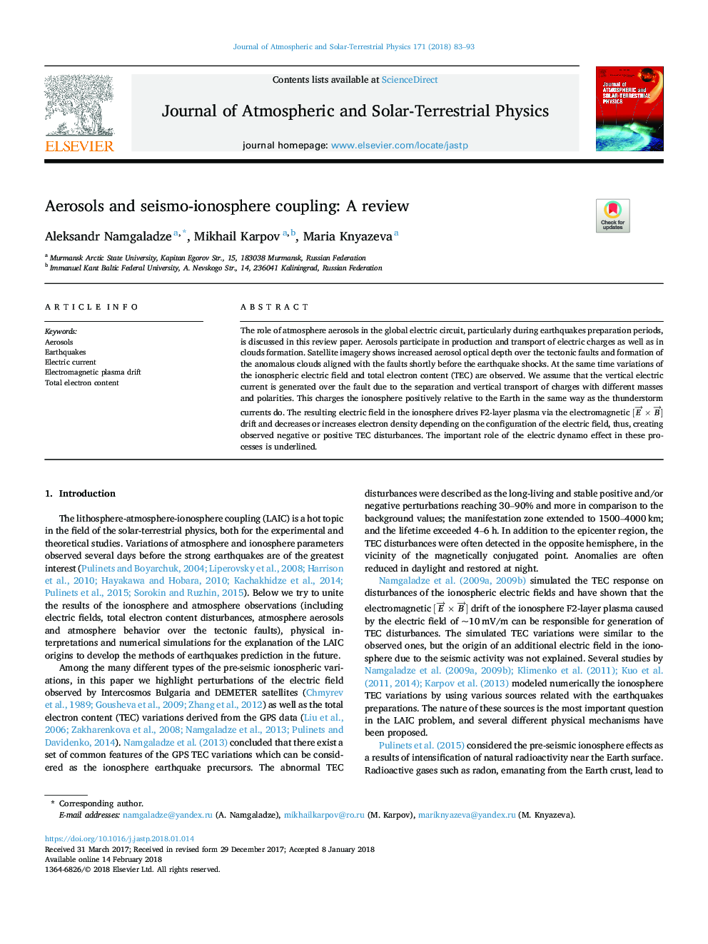 Aerosols and seismo-ionosphere coupling: A review