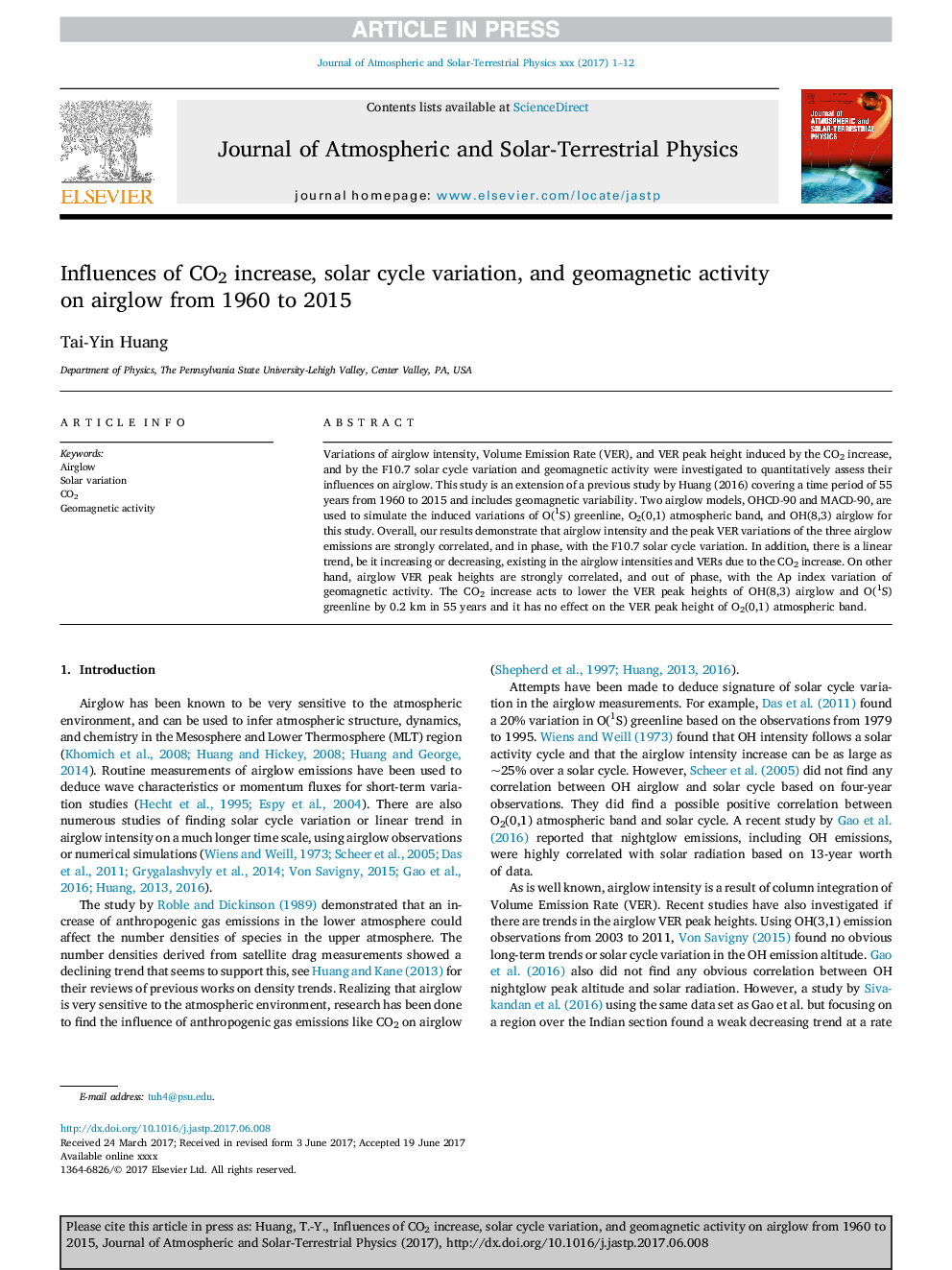 Influences of CO2 increase, solar cycle variation, and geomagnetic activity on airglow from 1960 to 2015