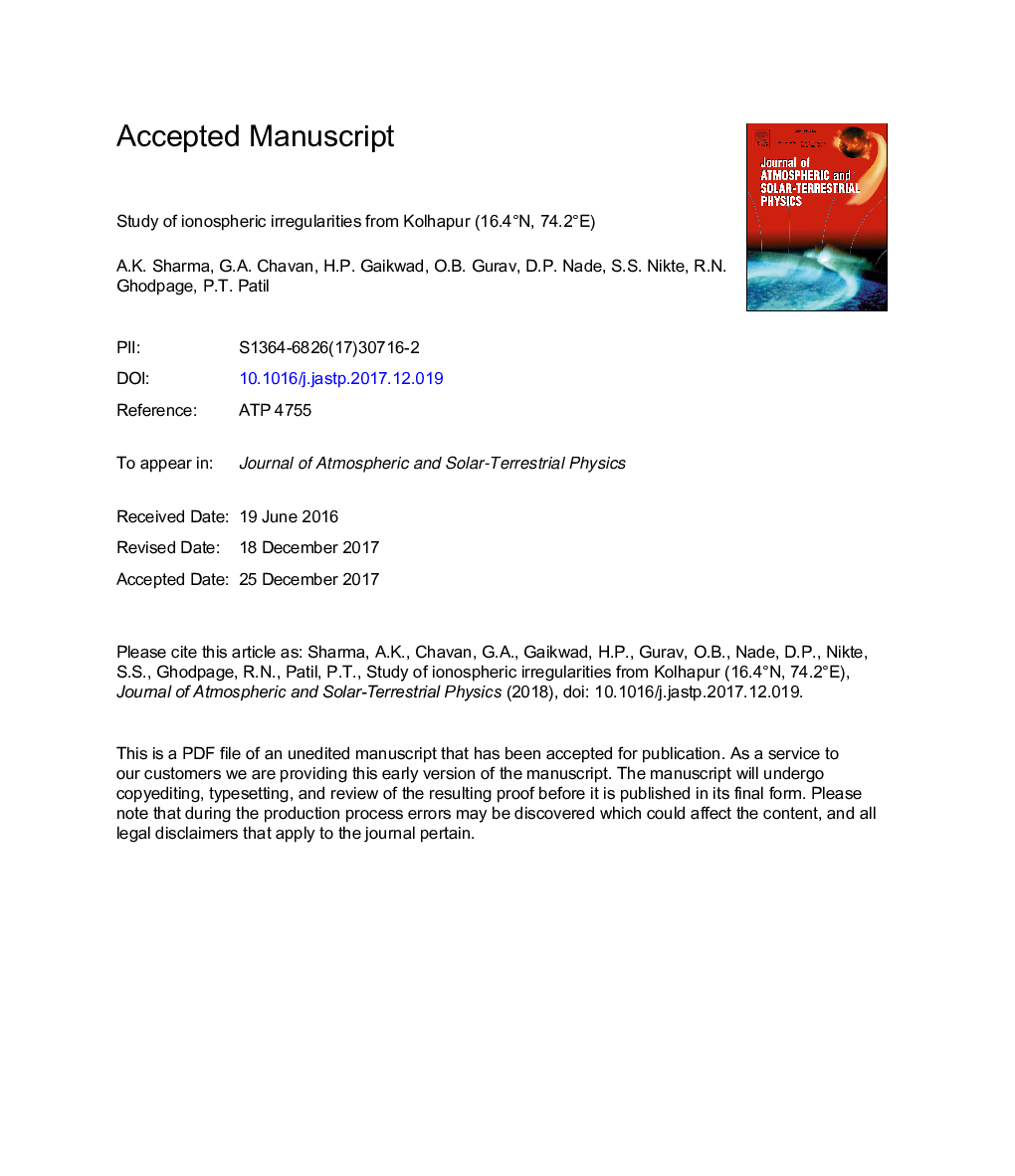 Study of ionospheric irregularities from Kolhapur (16.4Â°N, 74.2Â°E)