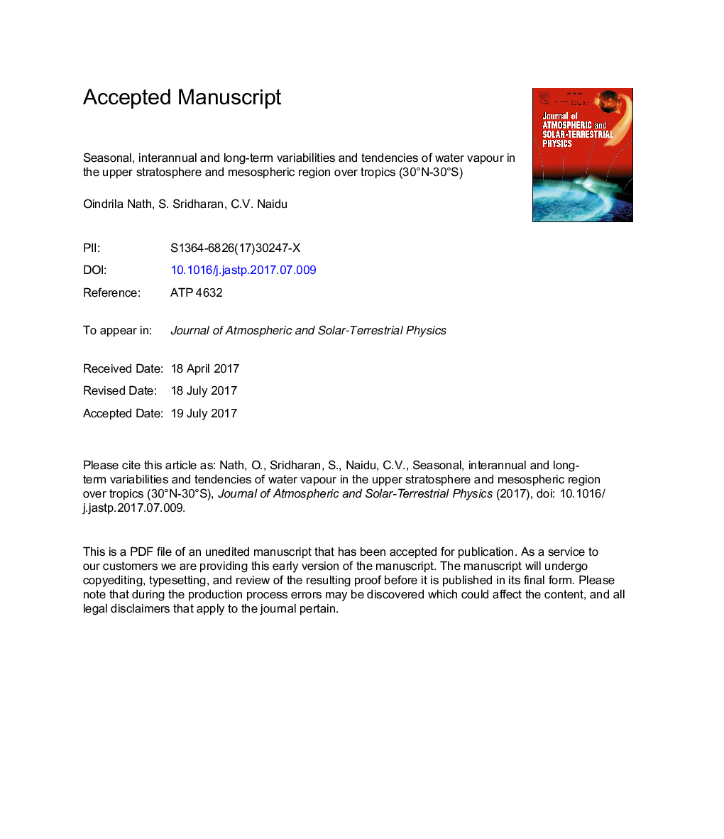 Seasonal, interannual and long-term variabilities and tendencies of water vapour in the upper stratosphere and mesospheric region over tropics (30Â°N-30Â°S)