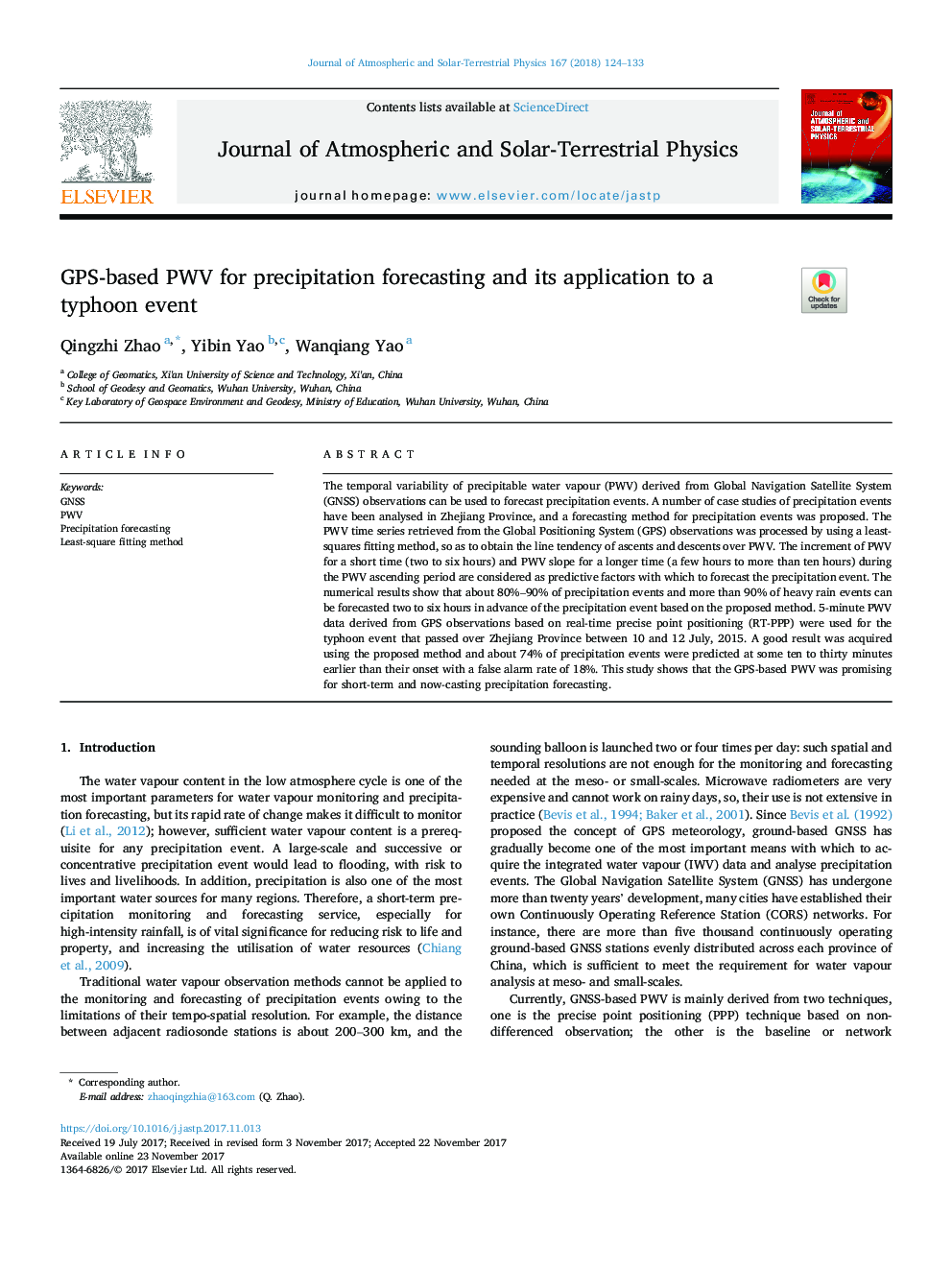 GPS-based PWV for precipitation forecasting and its application to a typhoon event
