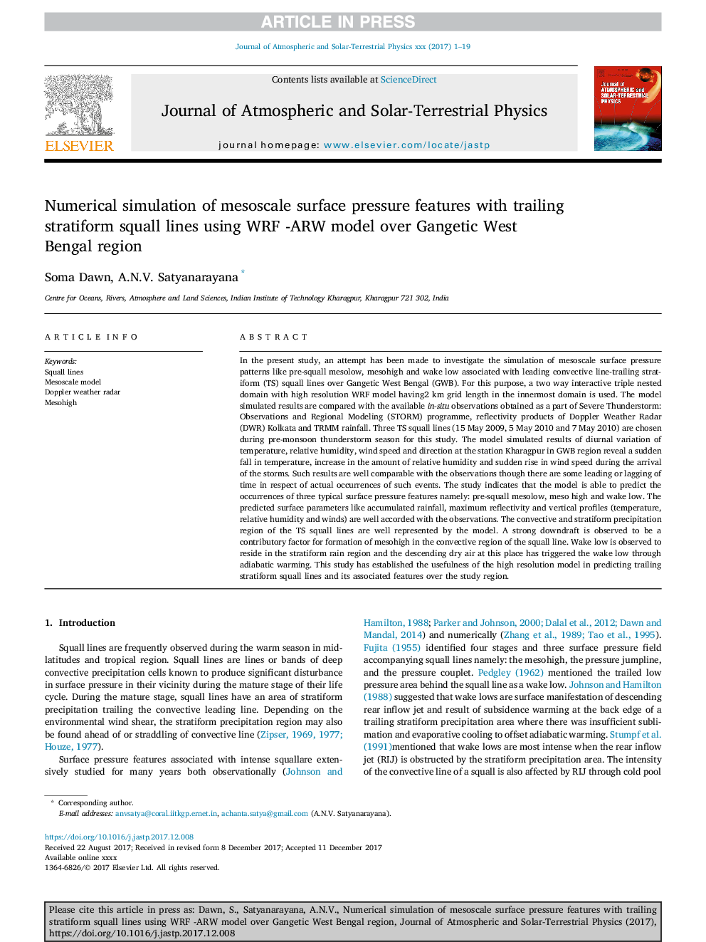 Numerical simulation of mesoscale surface pressure features with trailing stratiform squall lines using WRF -ARW model over Gangetic West Bengal region