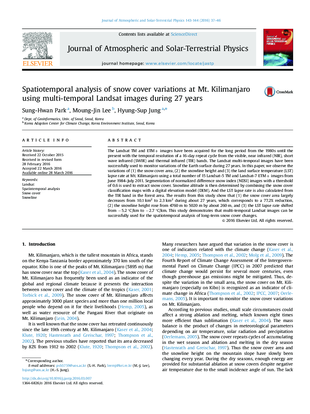 Spatiotemporal analysis of snow cover variations at Mt. Kilimanjaro using multi-temporal Landsat images during 27 years