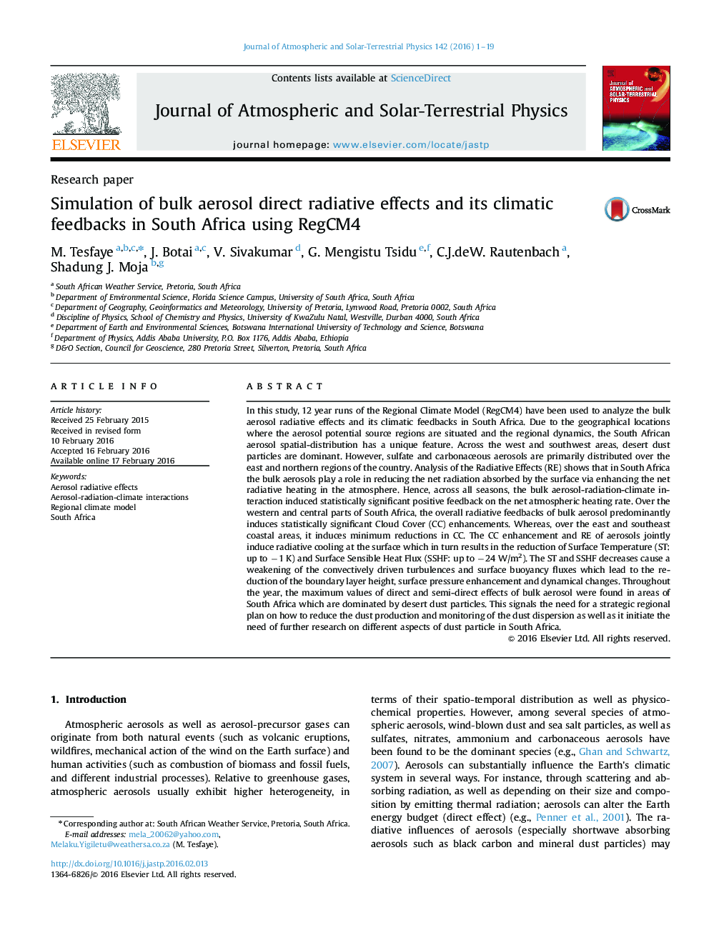 Simulation of bulk aerosol direct radiative effects and its climatic feedbacks in South Africa using RegCM4