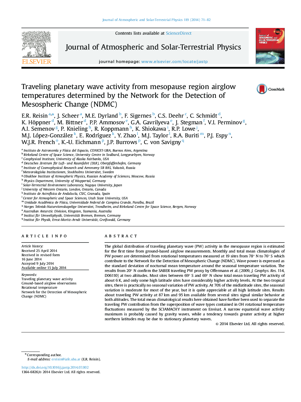 Traveling planetary wave activity from mesopause region airglow temperatures determined by the Network for the Detection of Mesospheric Change (NDMC)