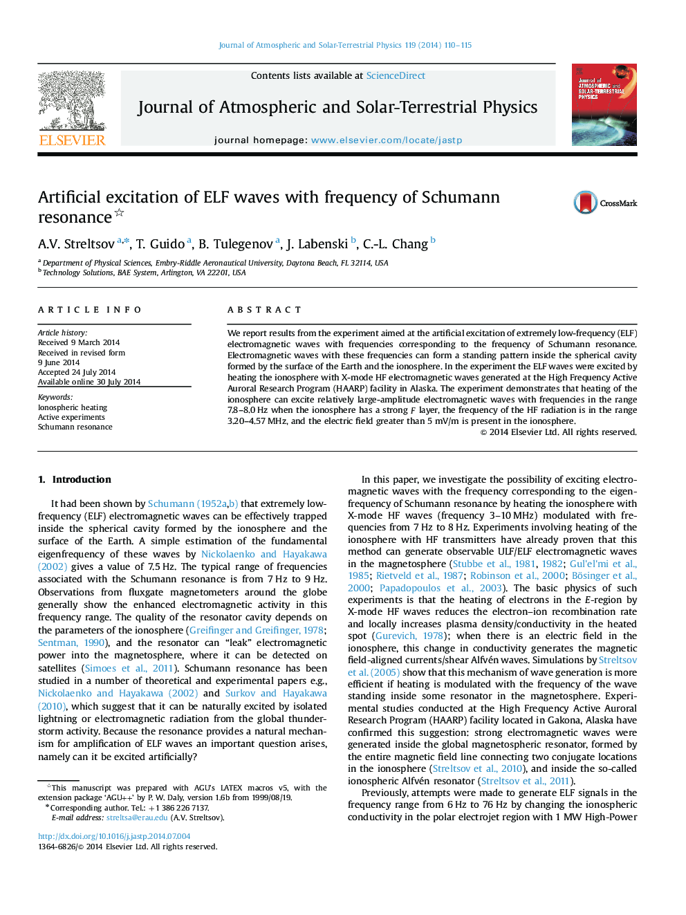 Artificial excitation of ELF waves with frequency of Schumann resonance