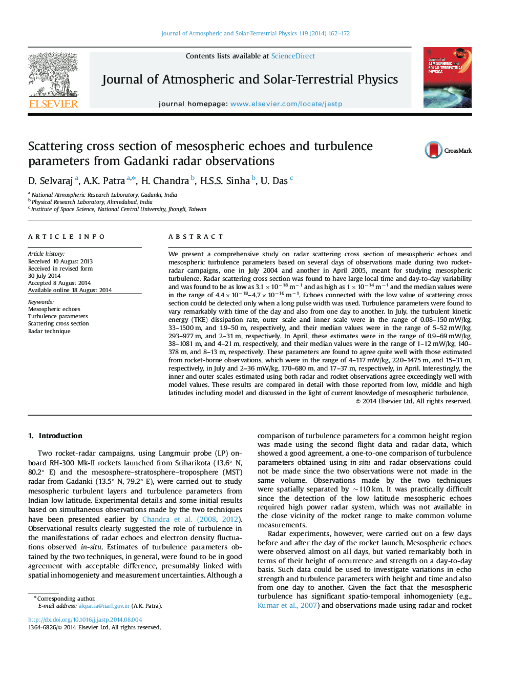 Scattering cross section of mesospheric echoes and turbulence parameters from Gadanki radar observations