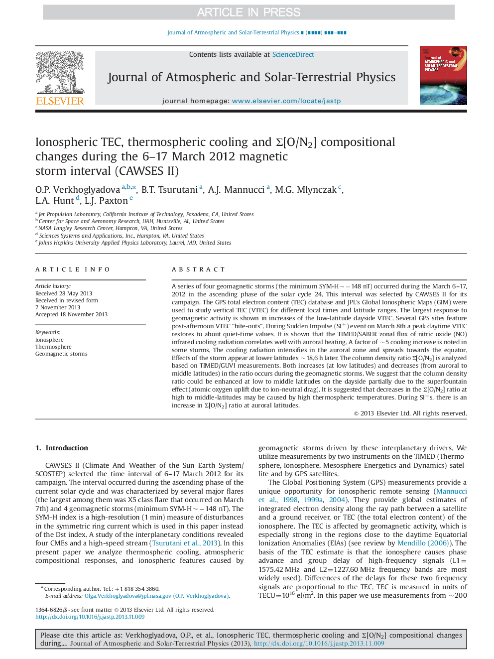 Ionospheric TEC, thermospheric cooling and Î£[O/N2] compositional changes during the 6-17 March 2012 magnetic storm interval (CAWSES II)