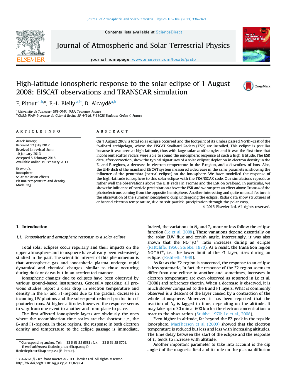 High-latitude ionospheric response to the solar eclipse of 1 August 2008: EISCAT observations and TRANSCAR simulation