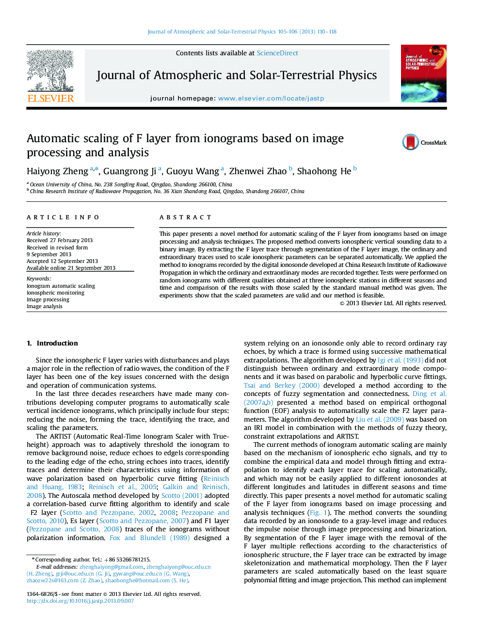 Automatic scaling of F layer from ionograms based on image processing and analysis