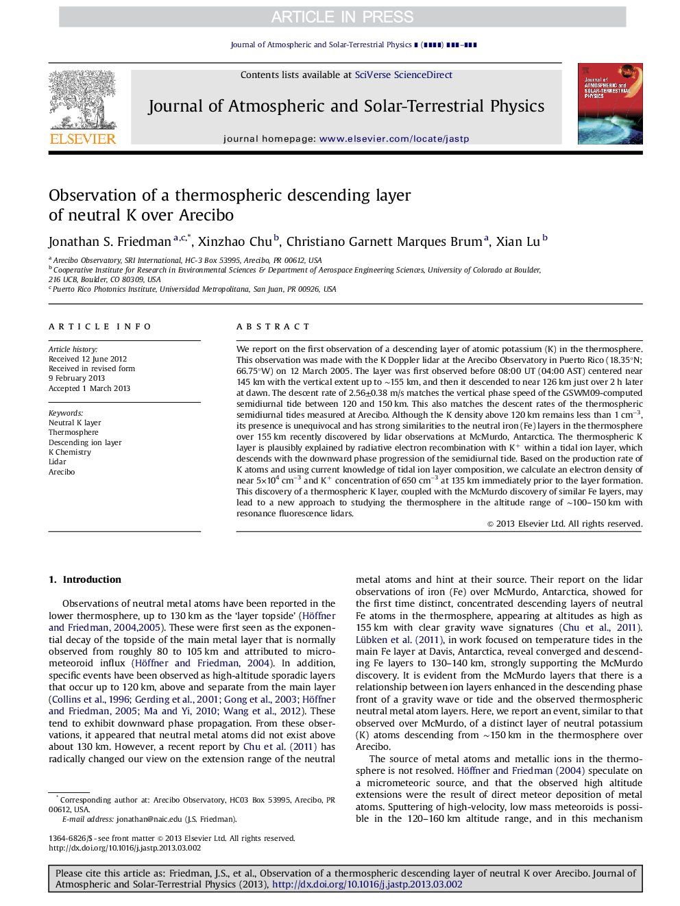 Observation of a thermospheric descending layer of neutral K over Arecibo