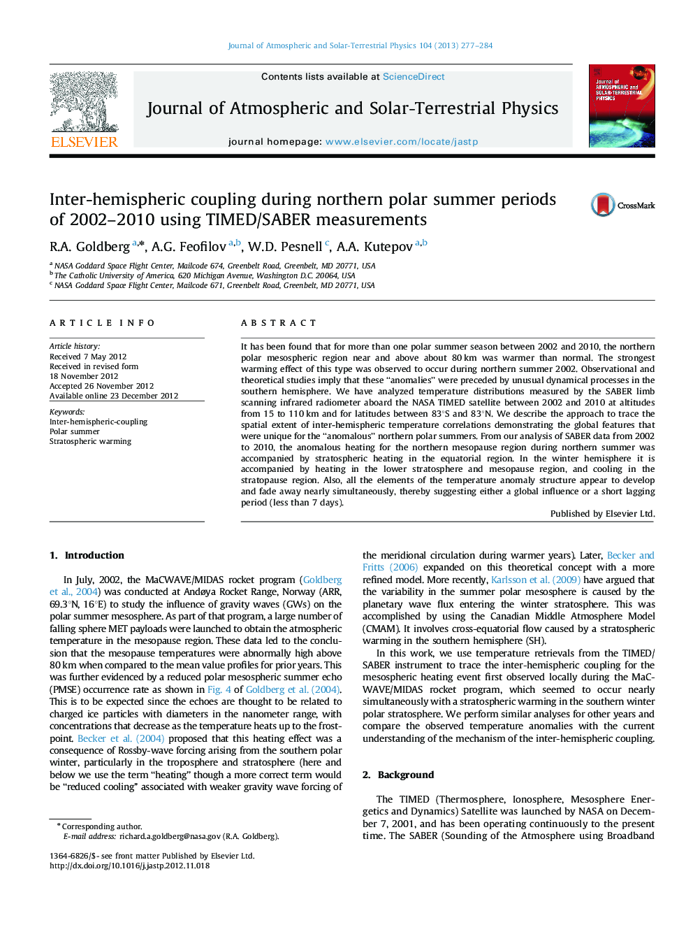 Inter-hemispheric coupling during northern polar summer periods of 2002-2010 using TIMED/SABER measurements