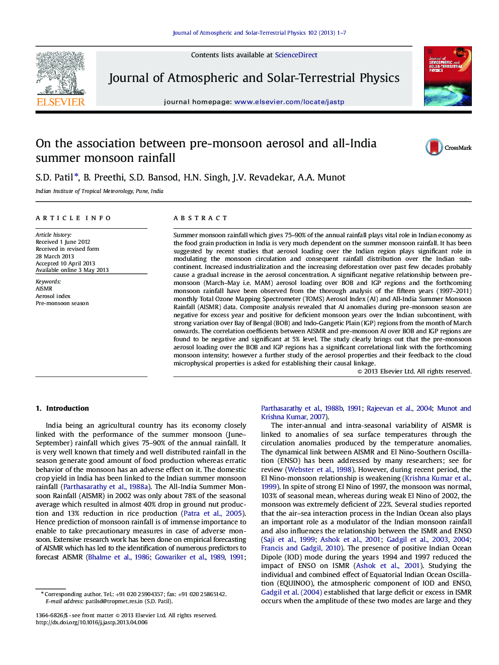 On the association between pre-monsoon aerosol and all-India summer monsoon rainfall