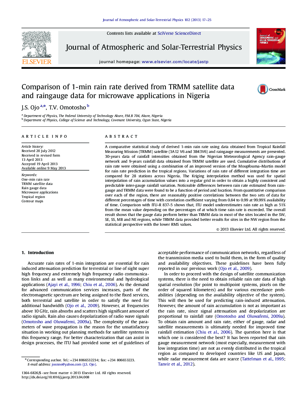 Comparison of 1-min rain rate derived from TRMM satellite data and raingauge data for microwave applications in Nigeria