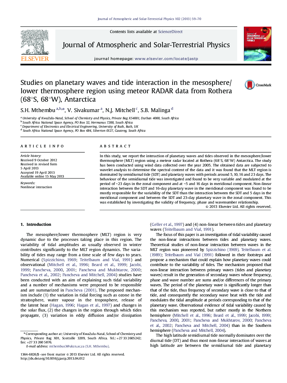 Studies on planetary waves and tide interaction in the mesosphere/lower thermosphere region using meteor RADAR data from Rothera (68Â°S, 68Â°W), Antarctica