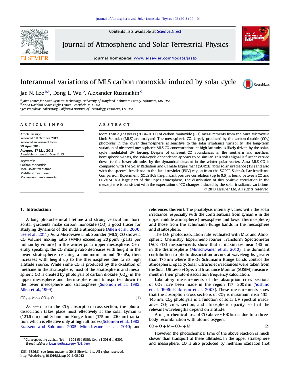 Interannual variations of MLS carbon monoxide induced by solar cycle