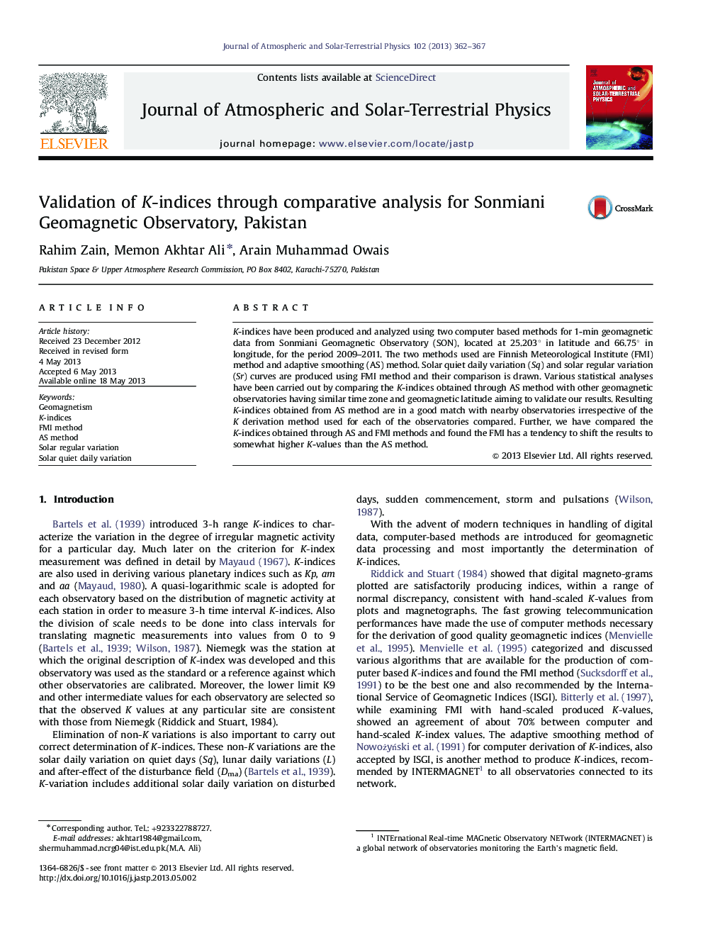 Validation of K-indices through comparative analysis for Sonmiani Geomagnetic Observatory, Pakistan