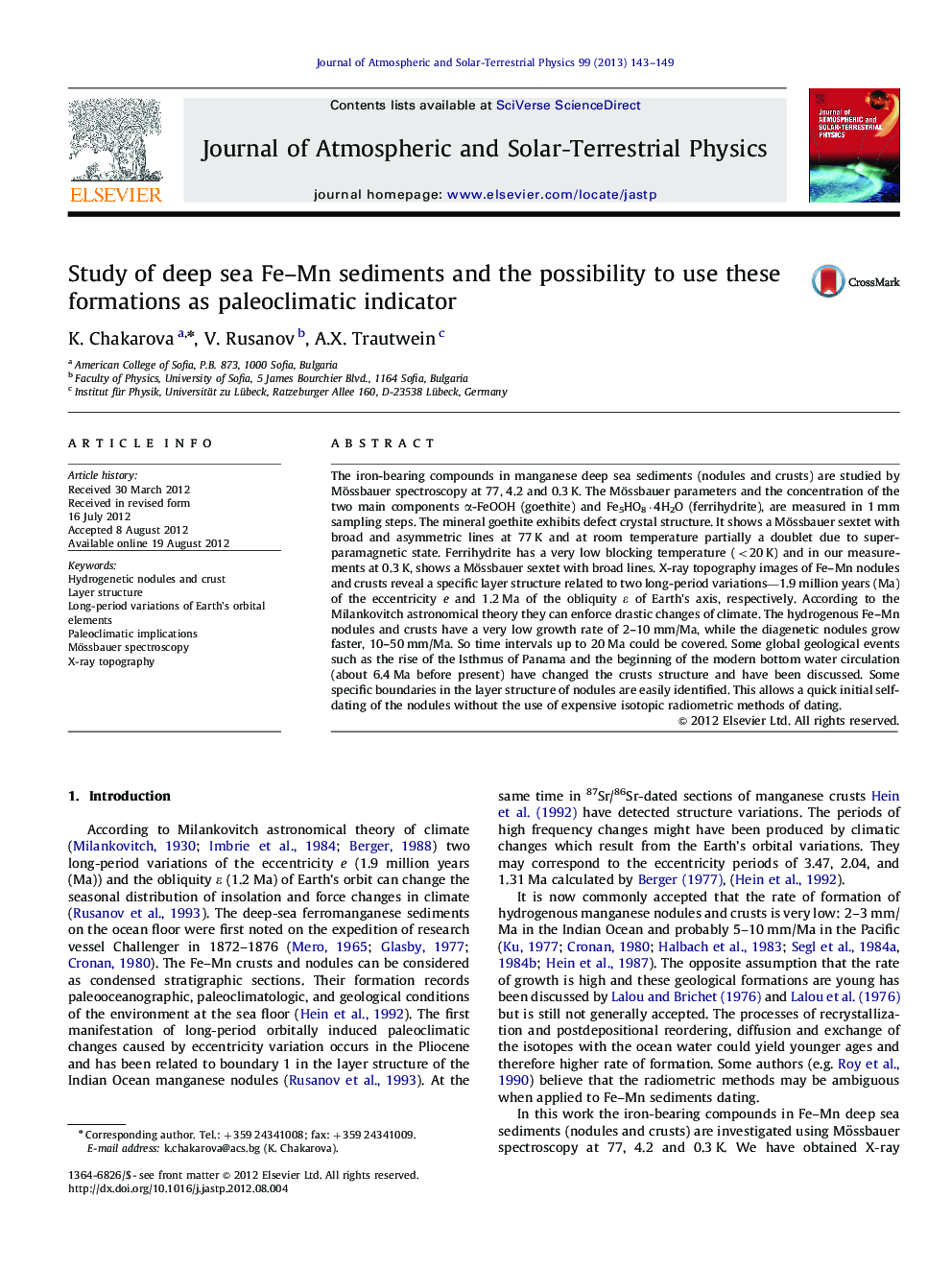 Study of deep sea Fe-Mn sediments and the possibility to use these formations as paleoclimatic indicator