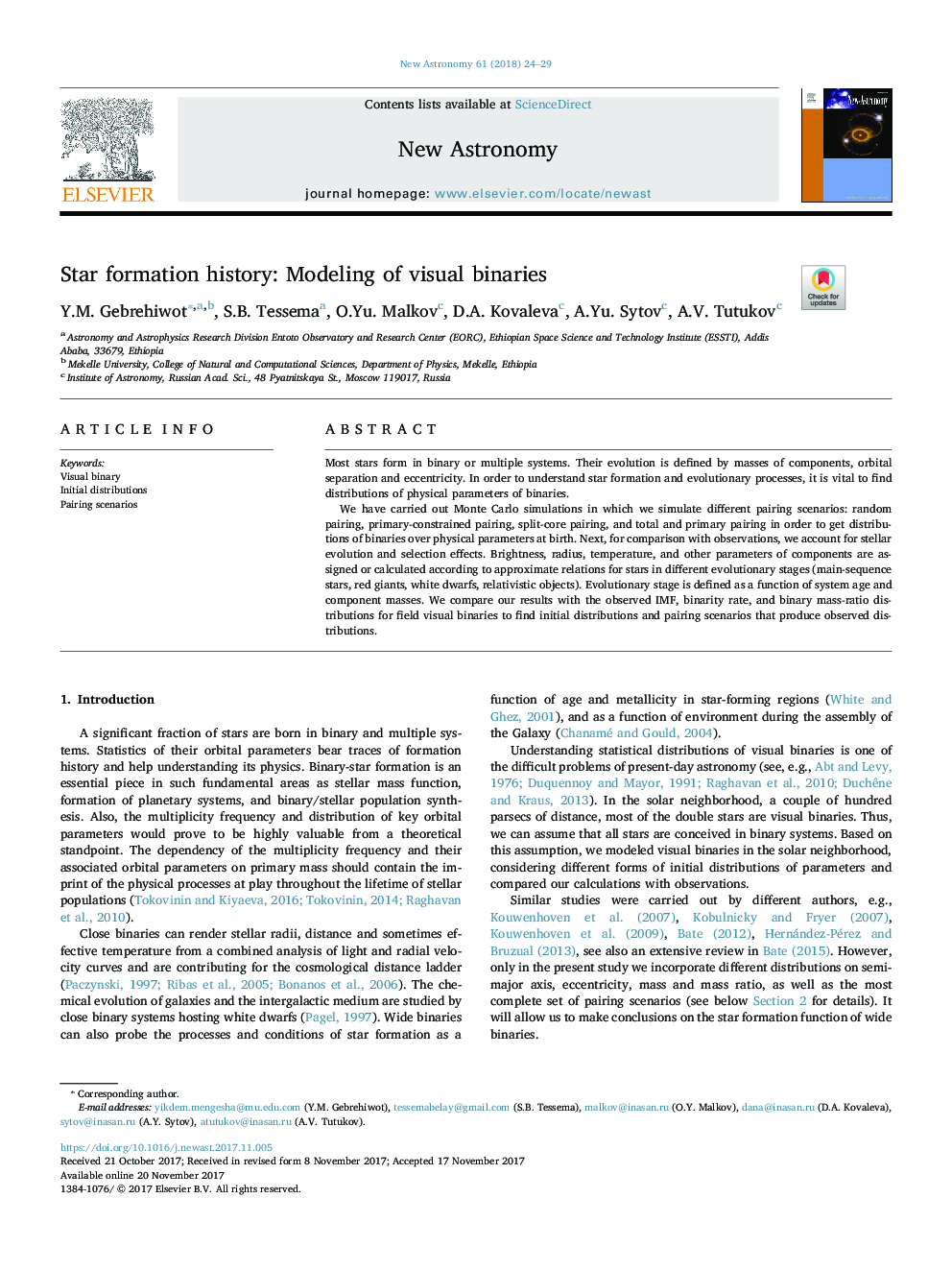 Star formation history: Modeling of visual binaries