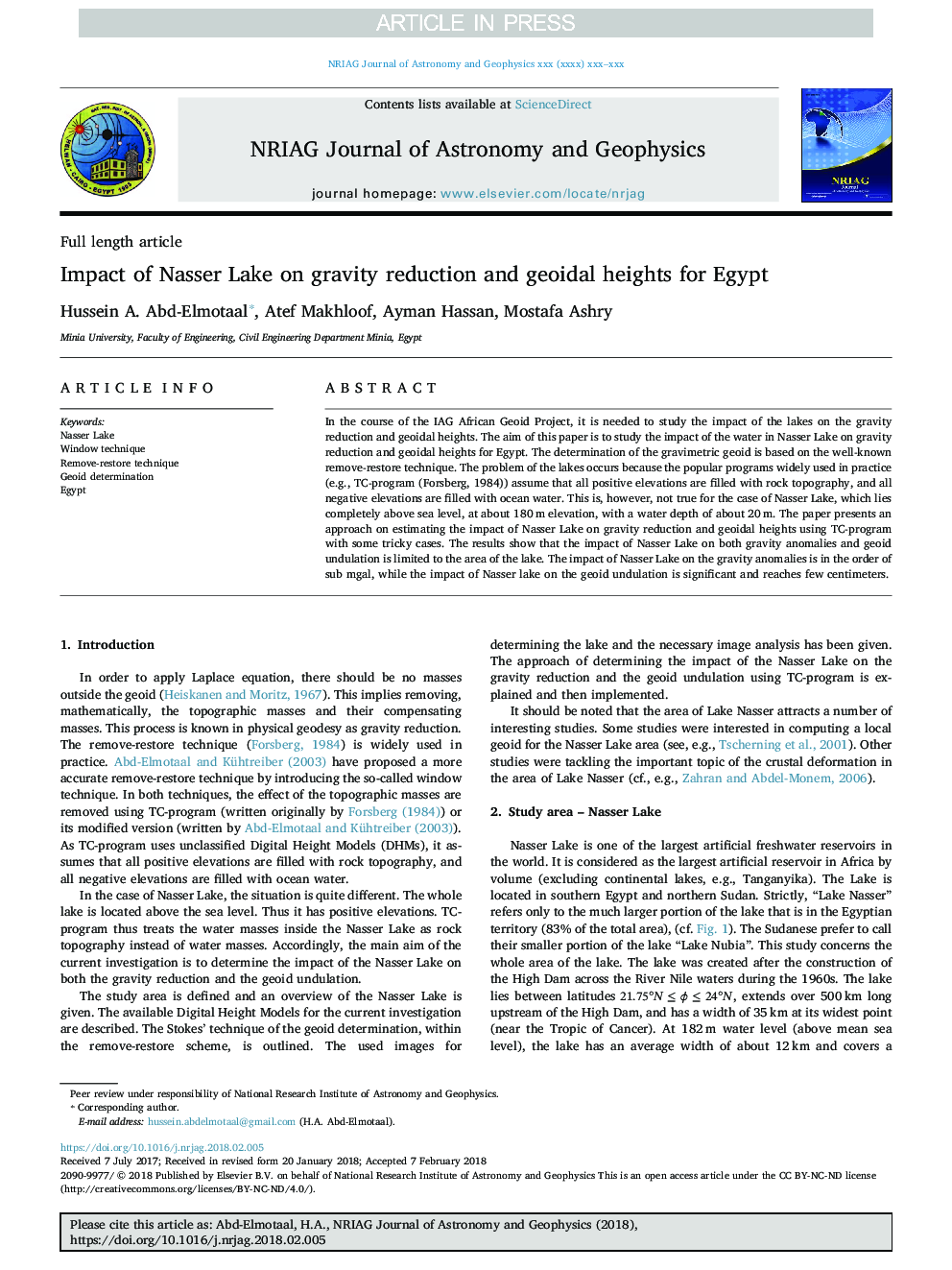 Impact of Nasser Lake on gravity reduction and geoidal heights for Egypt