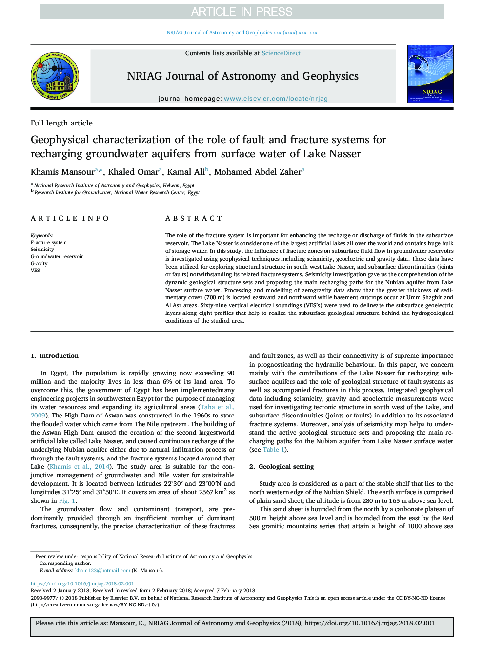 مشخصات ژئوفیزیکی نقش سیستم های گسل و شکستگی برای شارژ آبخوان های زیرزمینی از آب های سطحی دریاچه ناصر 