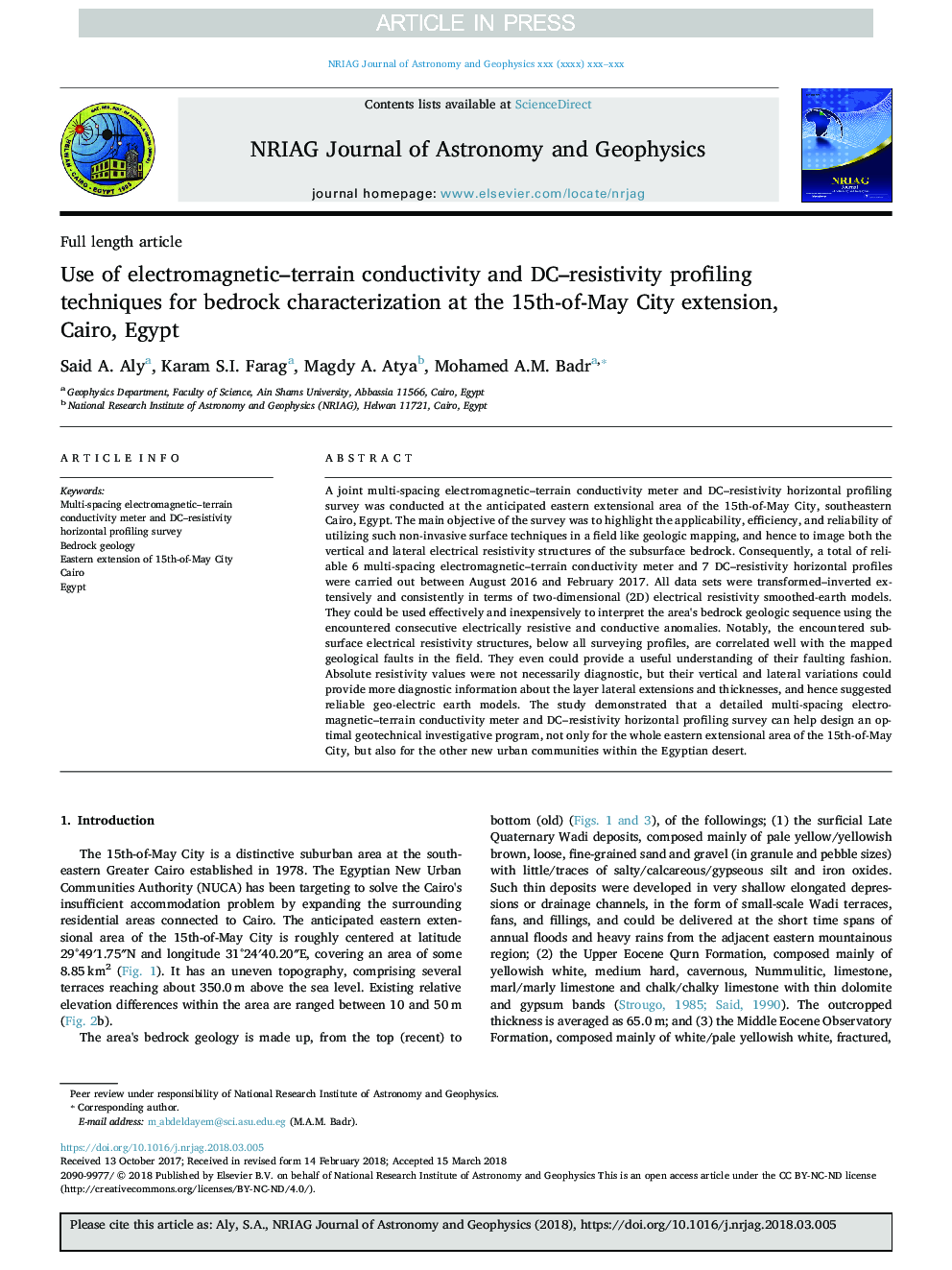 Use of electromagnetic-terrain conductivity and DC-resistivity profiling techniques for bedrock characterization at the 15th-of-May City extension, Cairo, Egypt