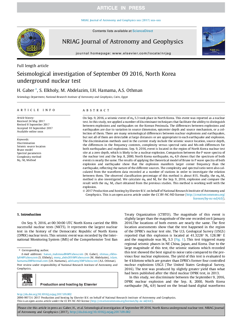 Seismological investigation of September 09 2016, North Korea underground nuclear test