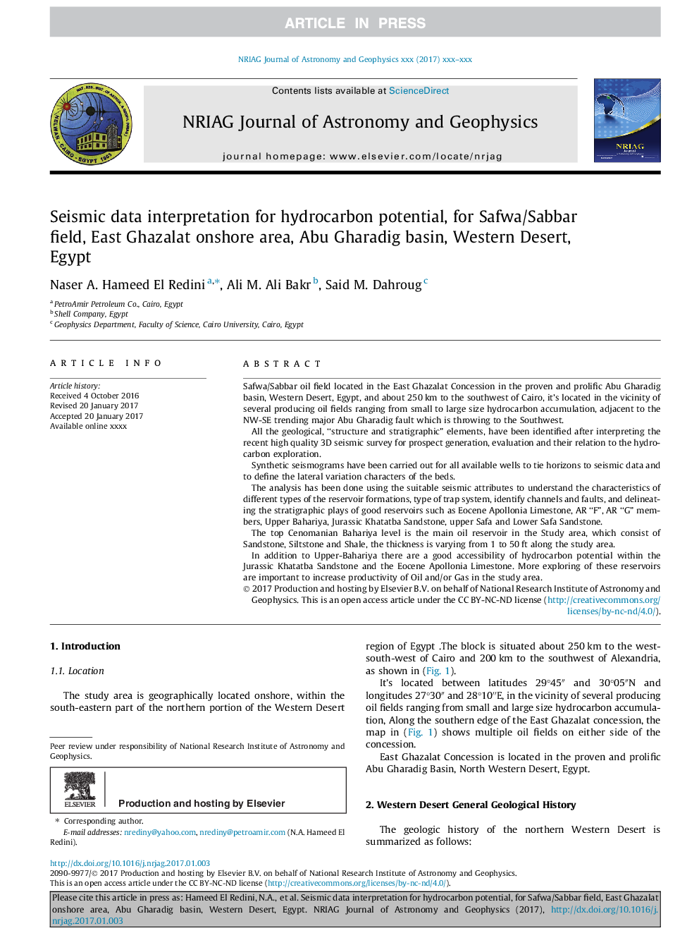تفسیر داده های لرزه ای برای پتانسیل هیدروکربن ها برای میدان صفوی / سببار، ساحل غزال شرقی، حوضه ابوغرادیق، صحرای غربی، مصر 