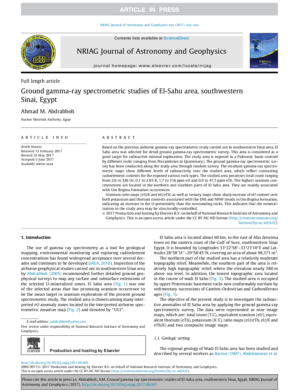 مطالعات طیف سنجی گامای زمین در منطقه السحو، جنوب غربی سینا، مصر 