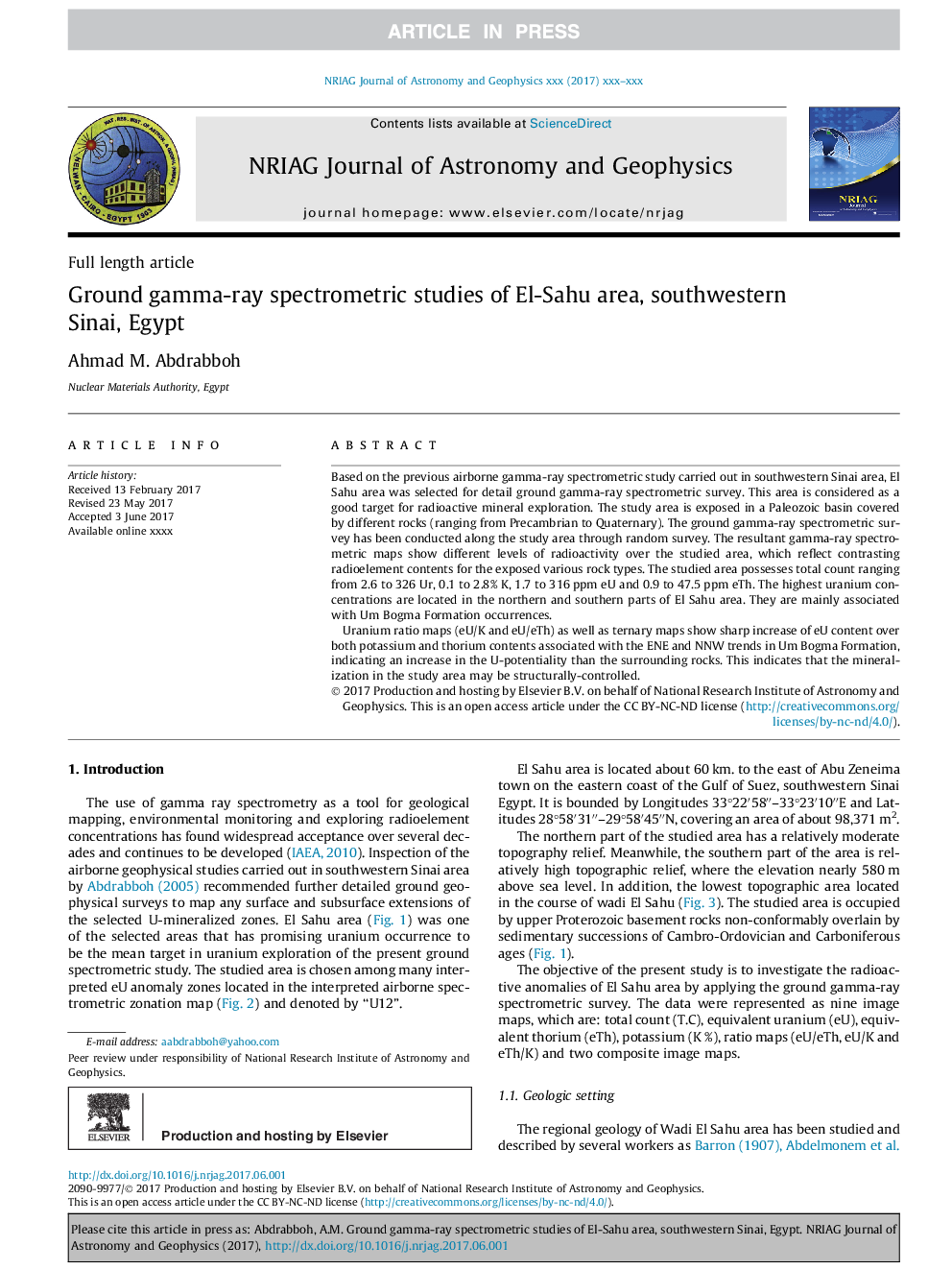 Ground gamma-ray spectrometric studies of El-Sahu area, southwestern Sinai, Egypt