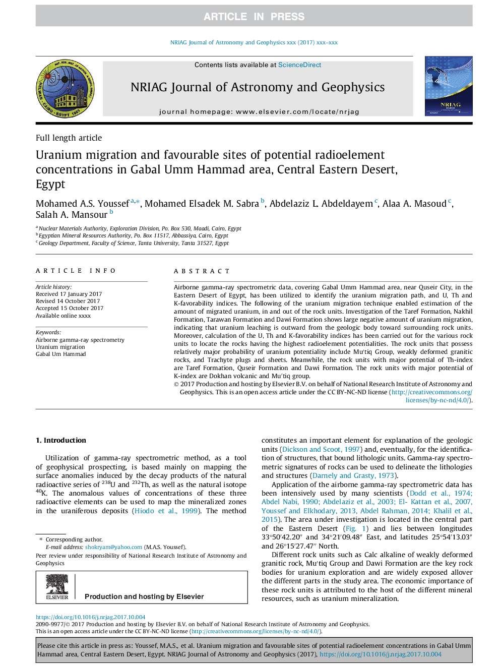 مهاجرت اورانیوم و سایت های مطلوب غلظت های رادیو اکتیو بالقوه در منطقه گابال امهم حمد، کویر مرکزی شرقی، مصر 