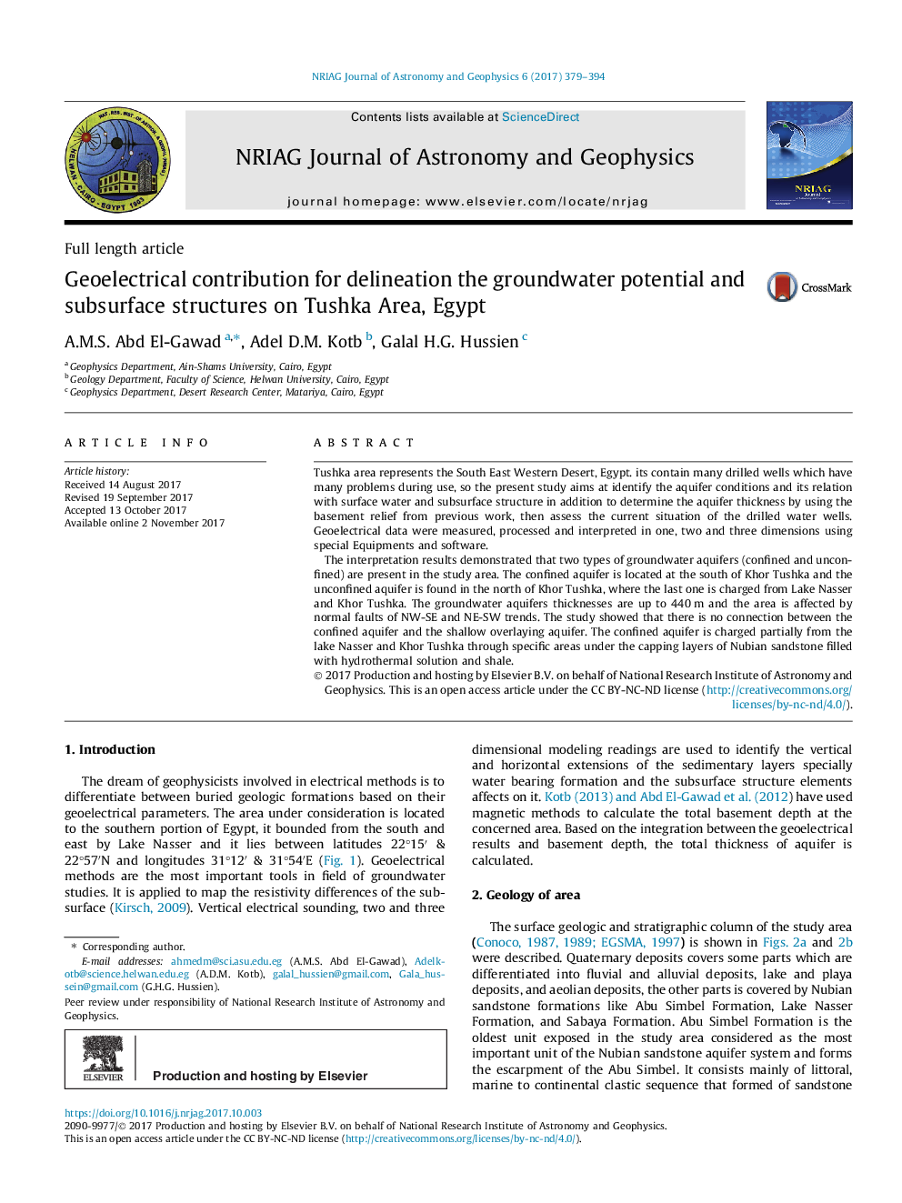 سهم ژئوکتریکی برای تعیین پتانسیل آب زیرزمینی و ساختارهای زیرزمینی در منطقه توشکا، مصر 