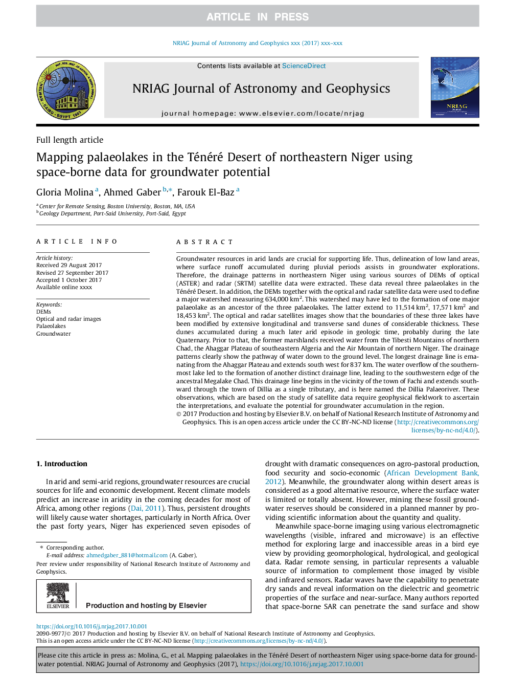 Mapping palaeolakes in the Ténéré Desert of northeastern Niger using space-borne data for groundwater potential