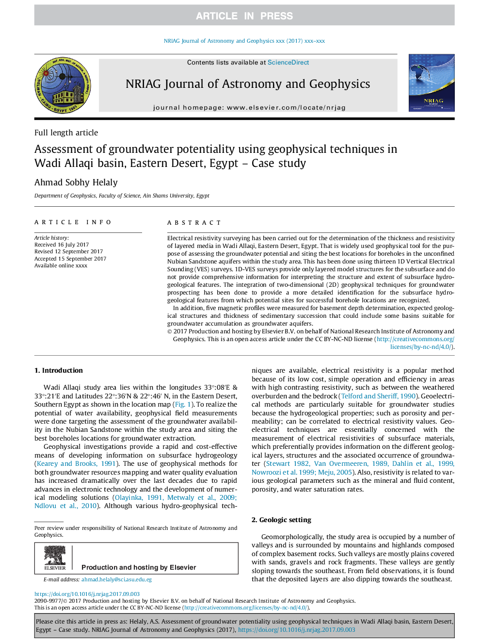 ارزیابی قابلیت های آب زیرزمینی با استفاده از تکنیک های ژئوفیزیکی در حوضه وادی اللهی، صحرای شرقی، مصر - مطالعه موردی 
