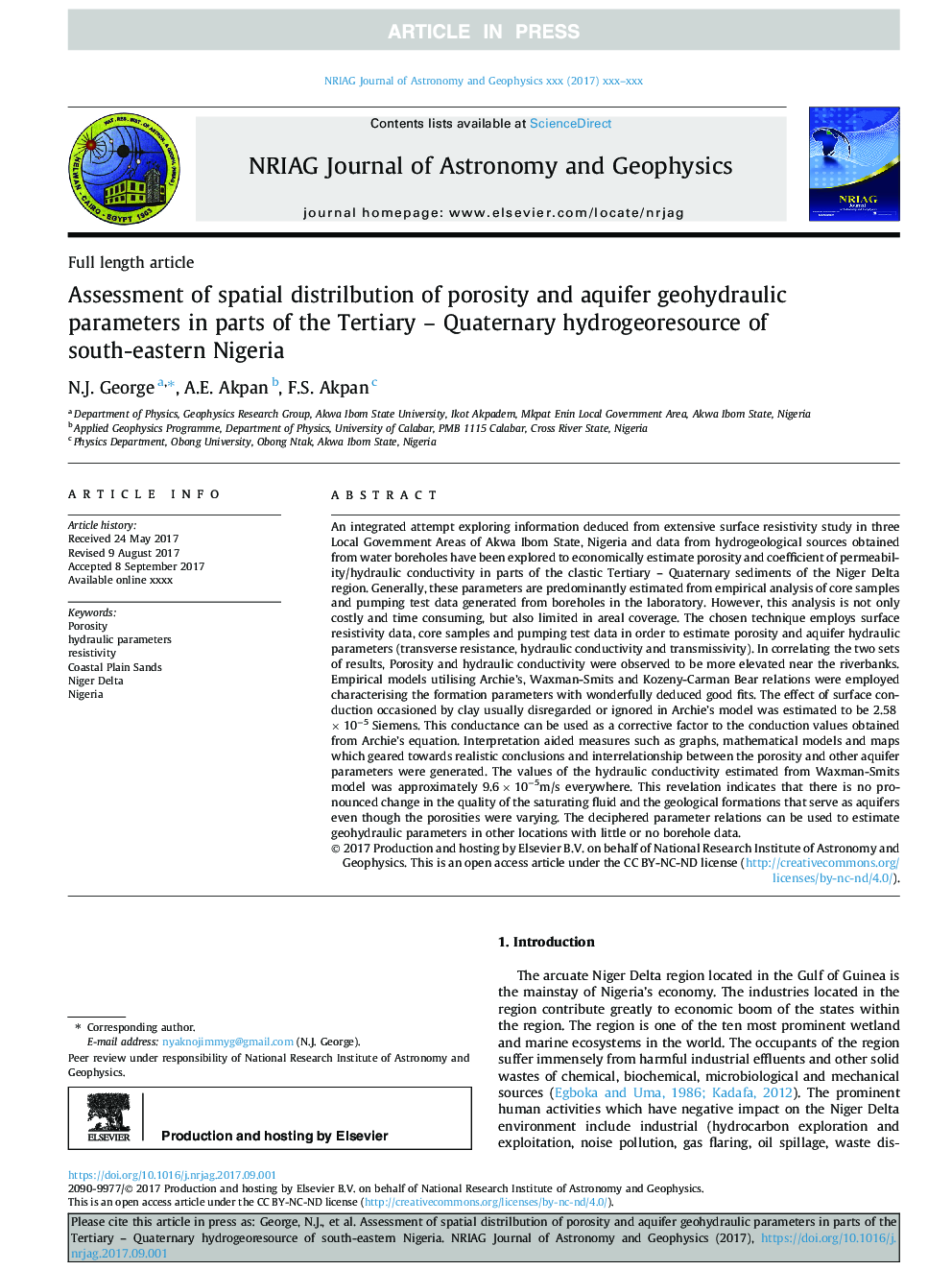 Assessment of spatial distrilbution of porosity and aquifer geohydraulic parameters in parts of the Tertiary - Quaternary hydrogeoresource of south-eastern Nigeria