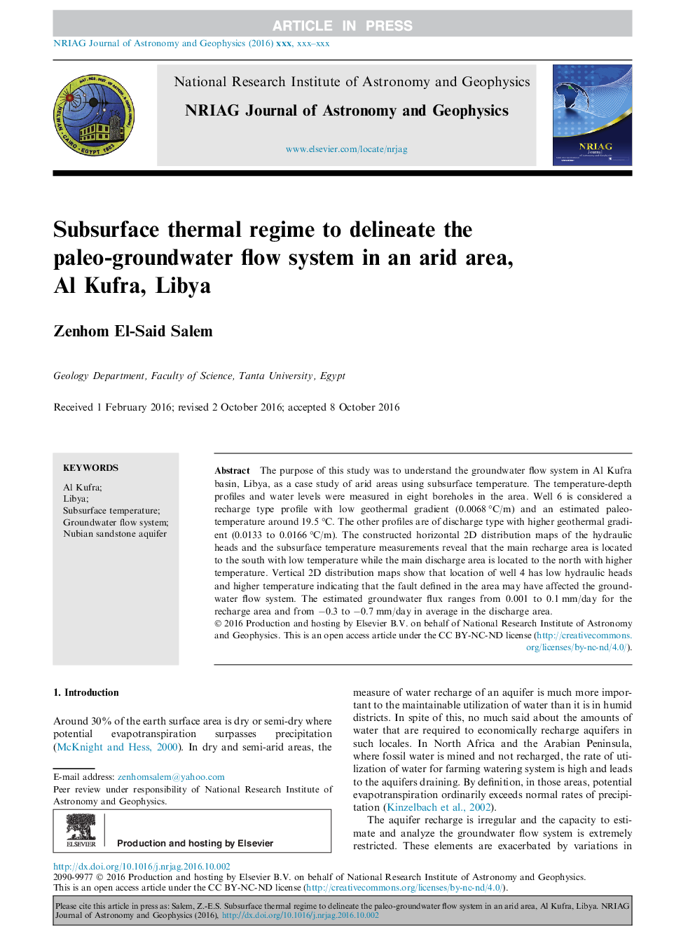 Subsurface thermal regime to delineate the paleo-groundwater flow system in an arid area, Al Kufra, Libya