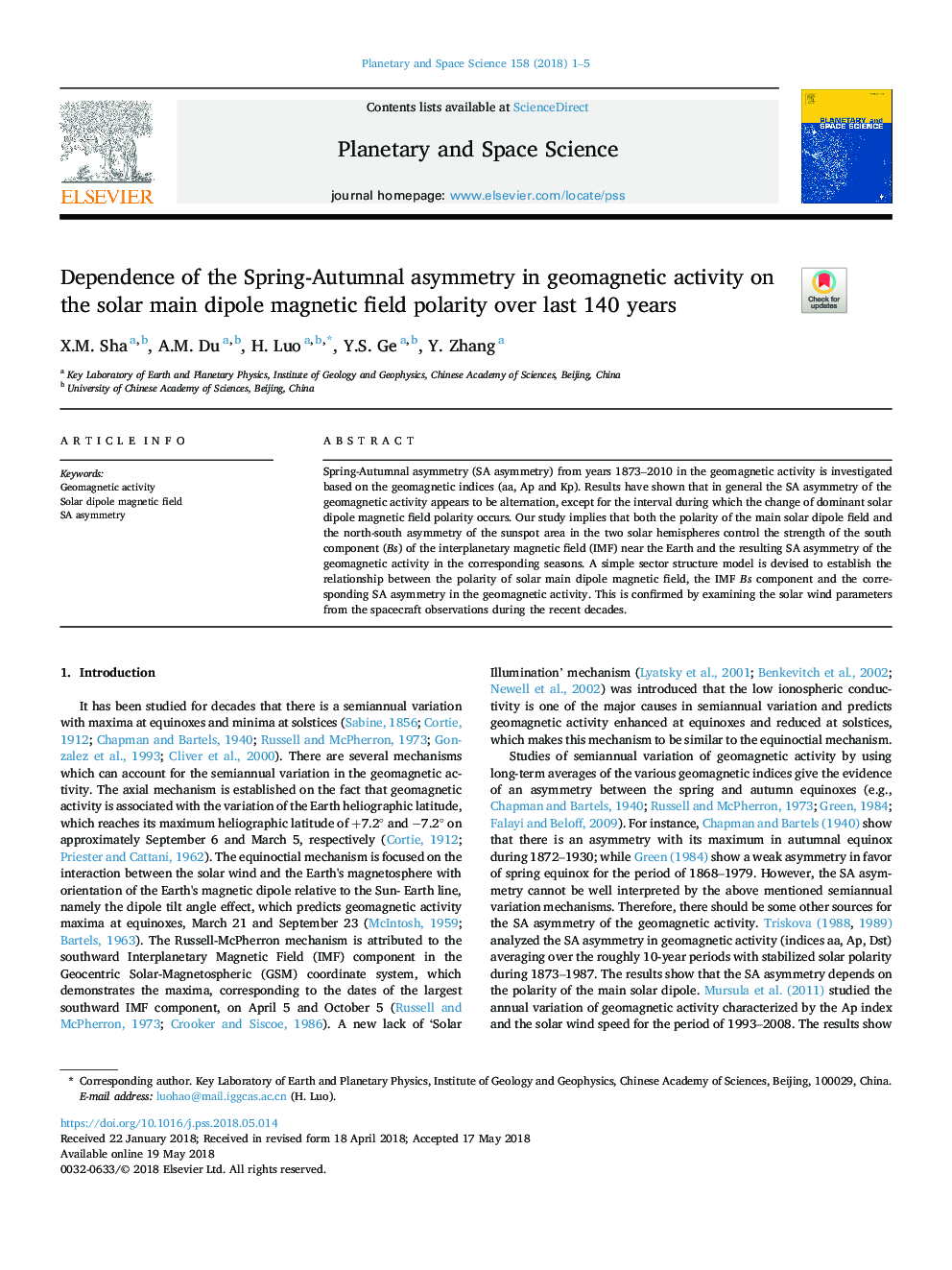 Dependence of the Spring-Autumnal asymmetry in geomagnetic activity on the solar main dipole magnetic field polarity over last 140 years