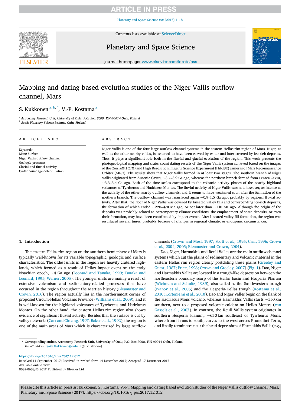 Mapping and dating based evolution studies of the Niger Vallis outflow channel, Mars