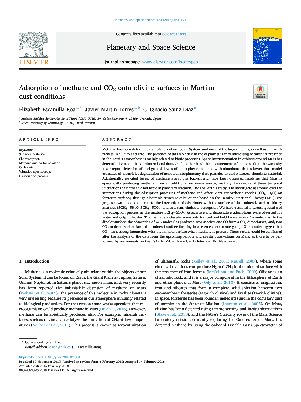 Adsorption of methane and CO2 onto olivine surfaces in Martian dust conditions