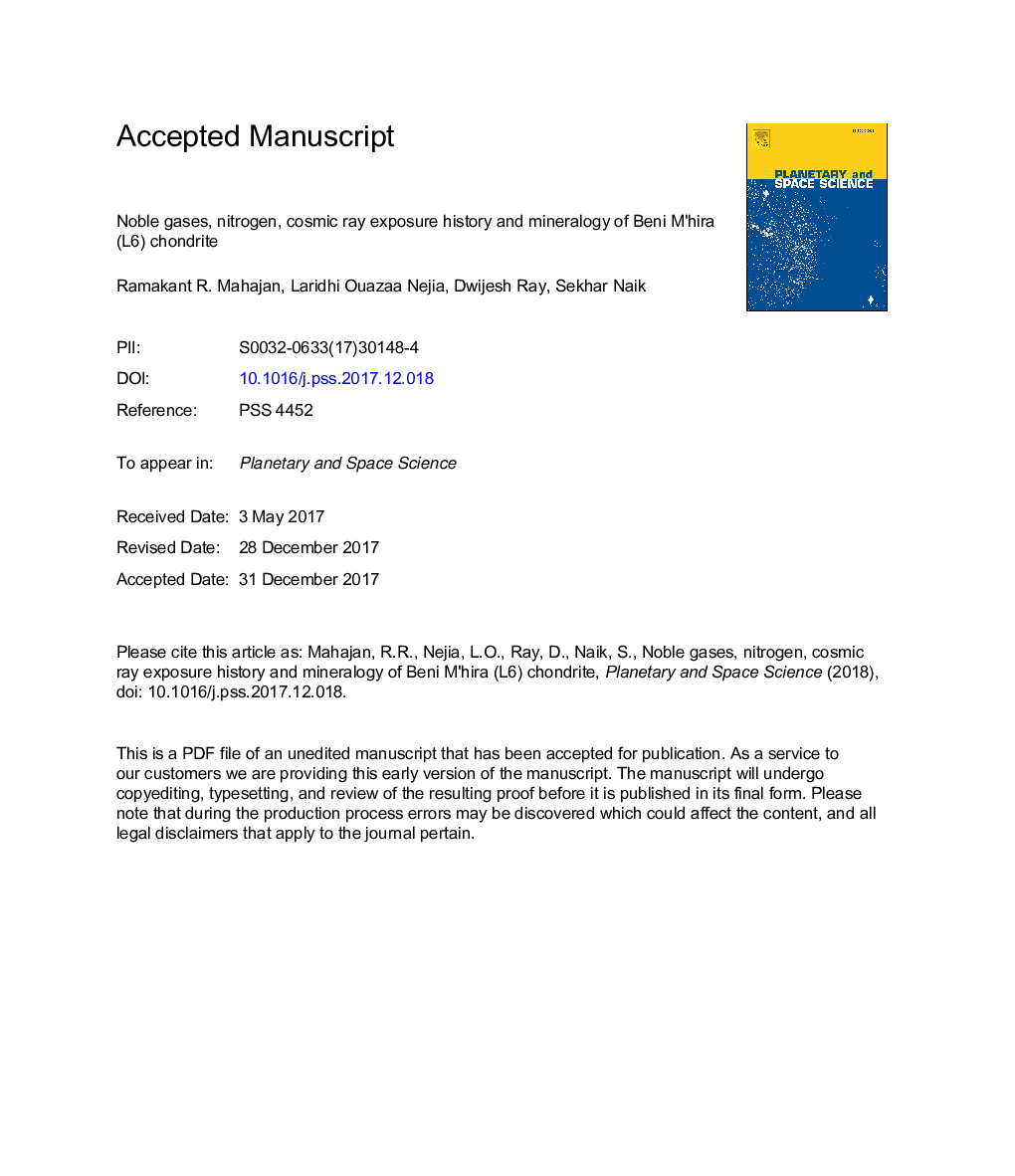 Noble gases, nitrogen, cosmic ray exposure history and mineralogy of Beni M'hira (L6) chondrite