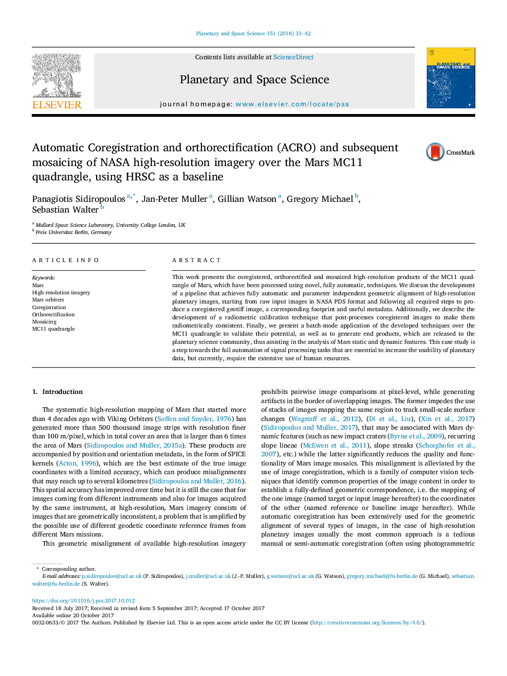 Automatic Coregistration and orthorectification (ACRO) and subsequent mosaicing of NASA high-resolution imagery over the Mars MC11 quadrangle, using HRSC as a baseline