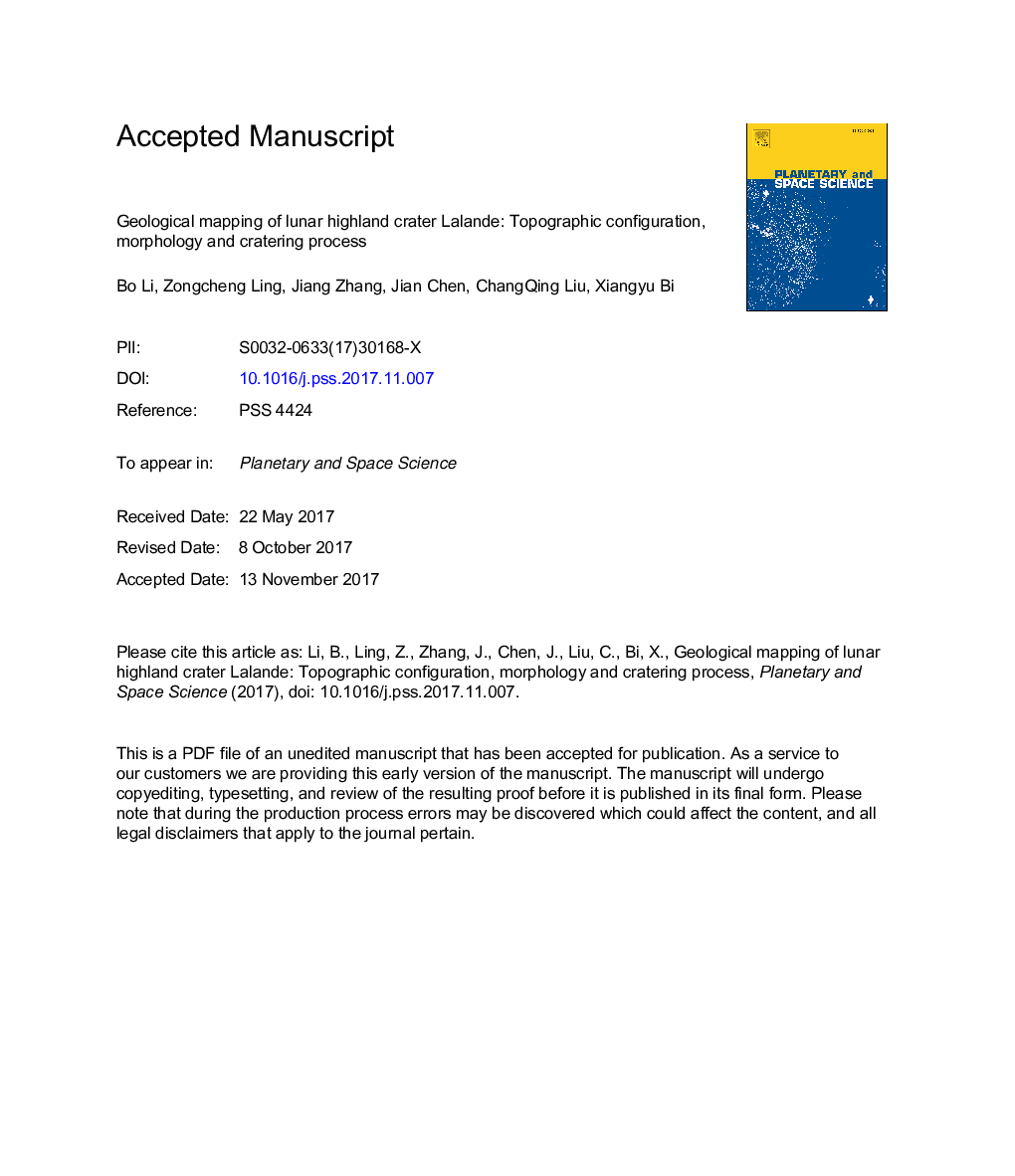 Geological mapping of lunar highland crater Lalande: Topographic configuration, morphology and cratering process