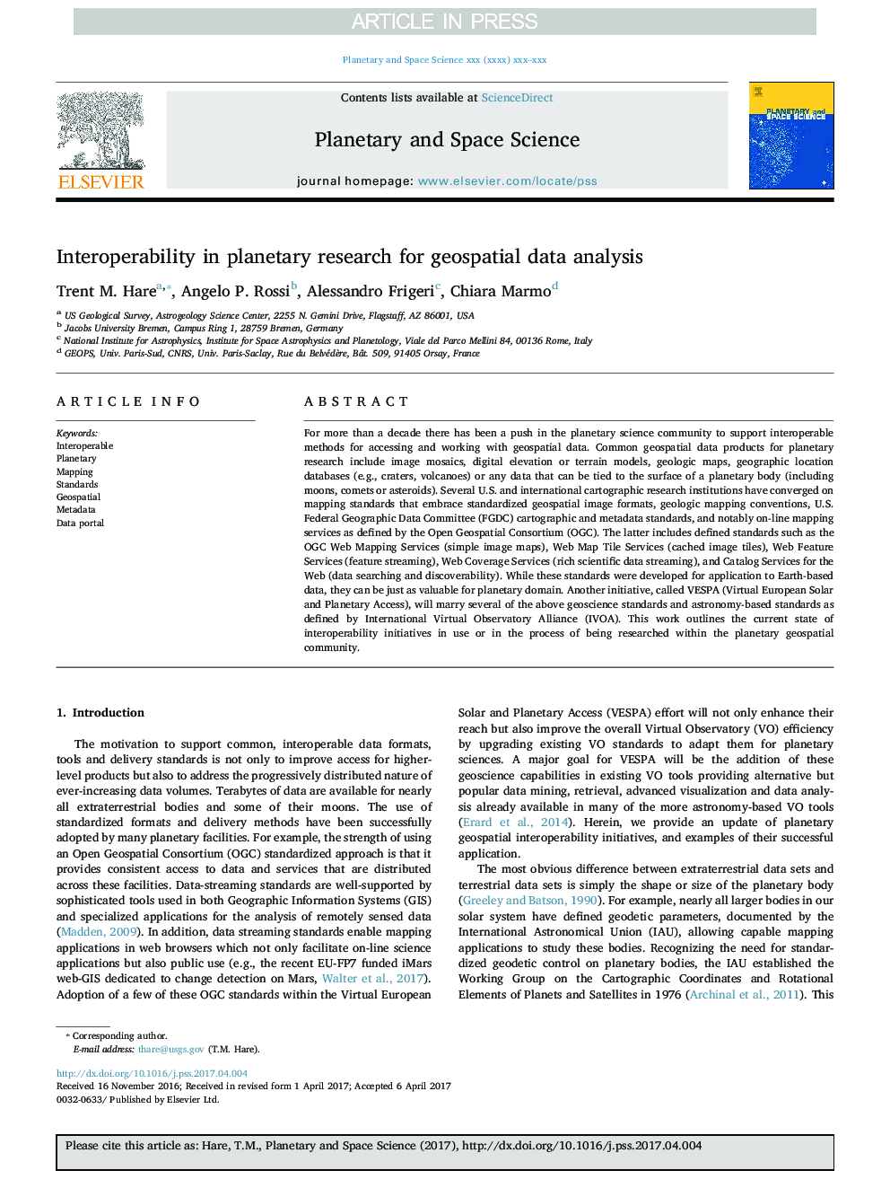 Interoperability in planetary research for geospatial data analysis