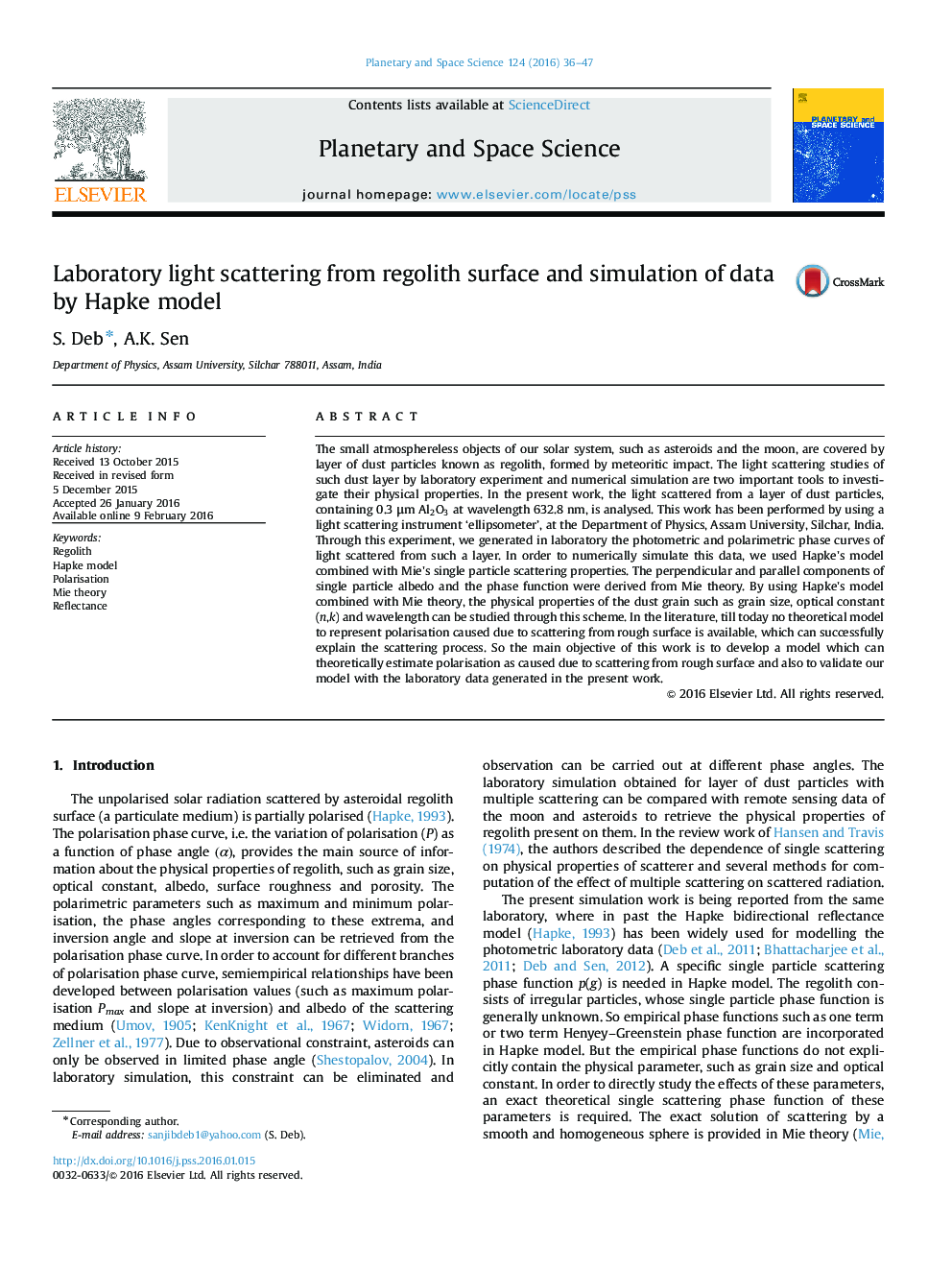 Laboratory light scattering from regolith surface and simulation of data by Hapke model